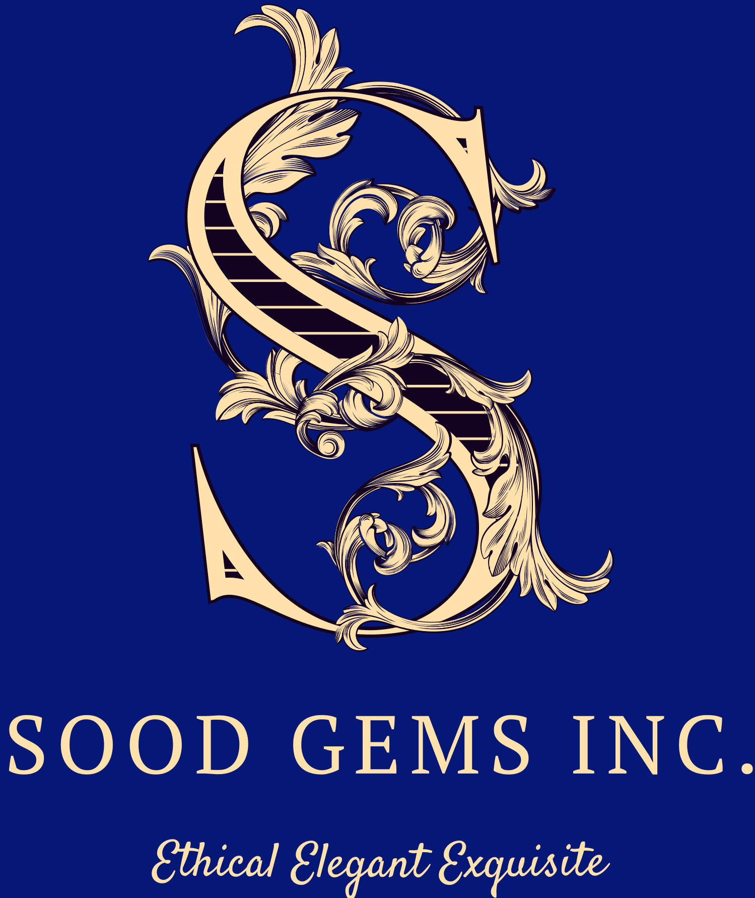 Elegant logo for Sood Gems Inc. with intricate gold design on blue.
