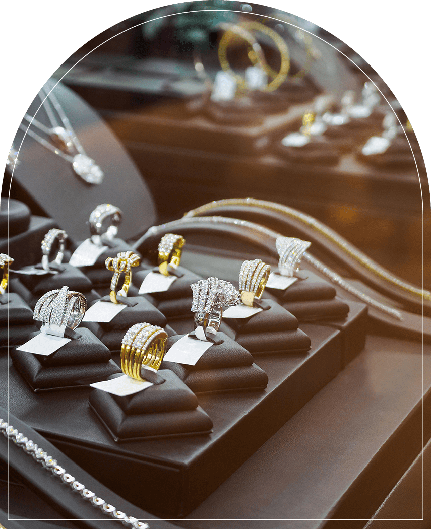 Gold and silver rings displayed in store.