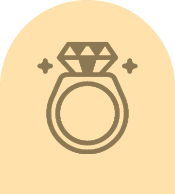 Illustration of a sparkling diamond ring on a beige background.