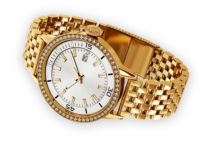 Gold watch with diamond-studded bezel.